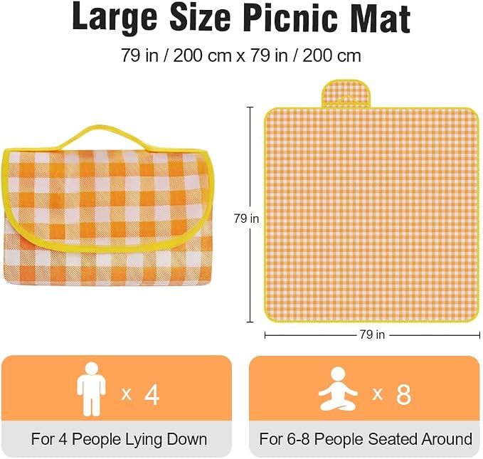 JEPELUS Outdoor Picnic Blanket Waterproof, 79 x 79 Inch Large Picnic Mat Oxford Fabric, Gingham Foldable Beach Blankets Mats for Camping Park Grass Lawn Hiking Family Concerts (Yellow)