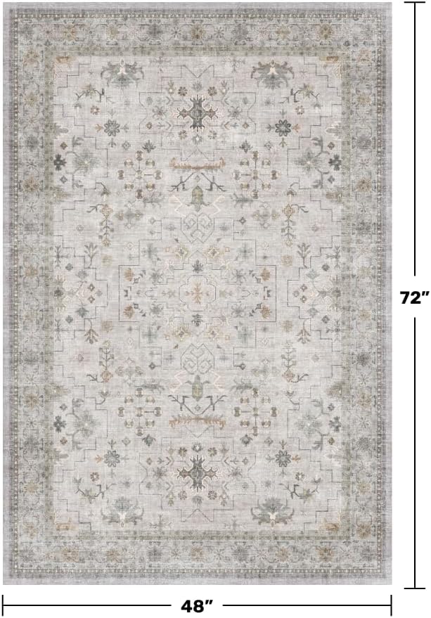 Washable Boho 4x6 Living Room Rug - Light Gray & Sage Area Rug for Kitchen, Mudroom, Bedroom Beside Bed, Office, Modern Vintage Eclectic Geometric Floral, Low Pile & Fade Resistant