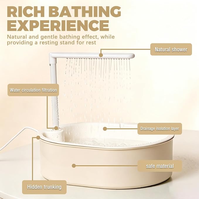 Parrot Bathtub,Bird Shower Parakeet Bath for Cage with Adjustable Water Flow Control Valve, Contains USB and Pump,tarpaulin,for Pet Birds,Cockatiel,Budgie,Suitable for Many Kinds of Birds(Beige)