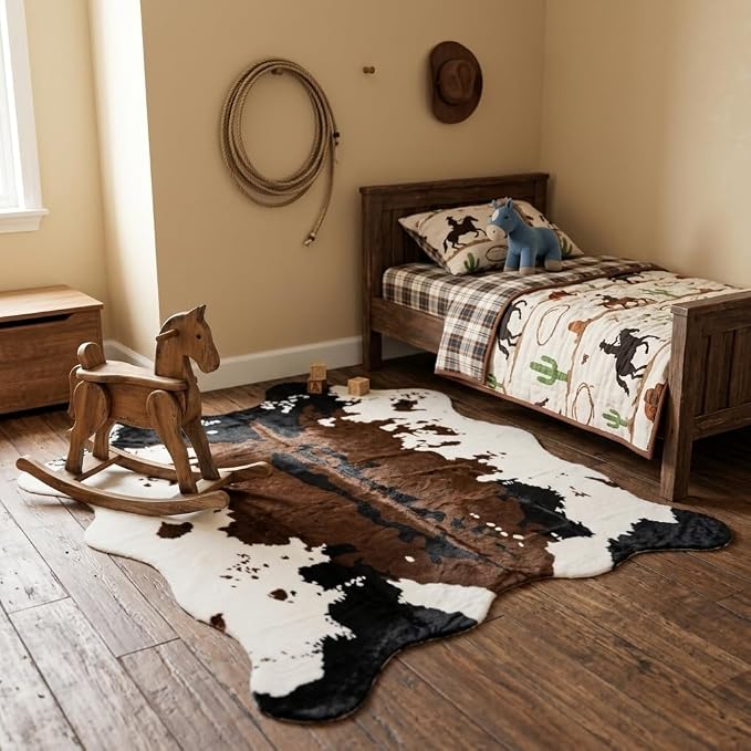 MustMat Faux Cowhide Rug 4'7"×5'3",Cow Print Western Ranch Decor | Brown/White Cow Rug For Bedroom, Entryway, Living Nooks. Western Rustic Style, Great For Cowboy Birthdays & Holidays
