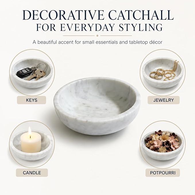 White Marble Decorative Bowl, 5.9-Inch Small Natural Stone Catchall Dish for Keys, Rings, Jewelry and Trinkets, Entryway Table, Vanity, Nightstand and Dresser Decor