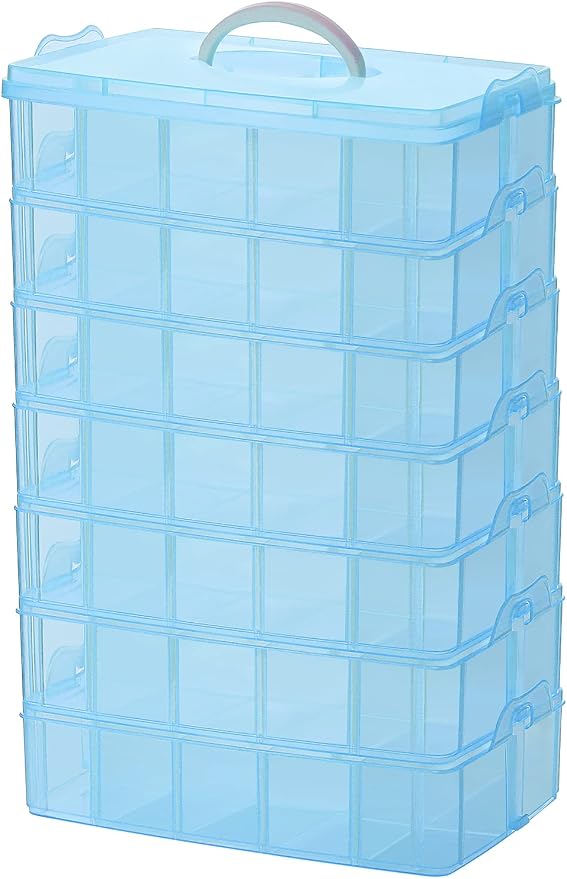 Sooyee 7 Layers Stackable Storage Container, 70 Adjustable Compartments Stackable Storage Container for Kids Toys, Art Crafts, Jewelry, Supplies, Mini Case & Letter Sticker Included,Blue