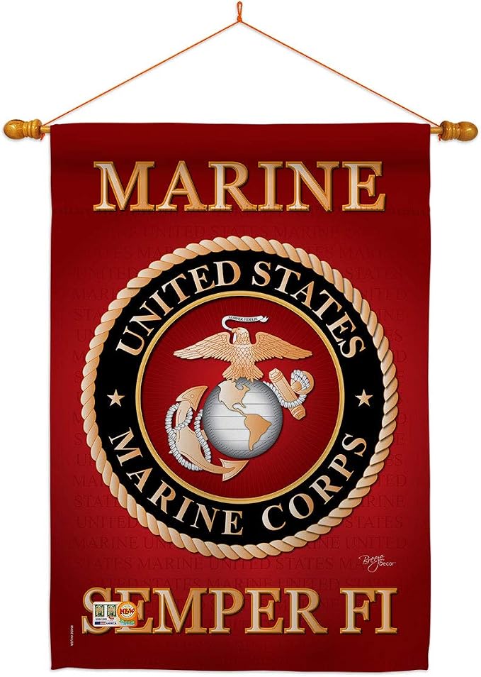 Breeze Decor HS108057-BO-03 Marine Corps Americana Military Decorative Vertical House Flag Set, 28"x 40" w/Flagpole, Multi-Color
