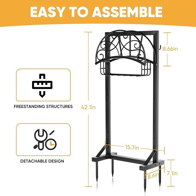 Heavy-Duty Garden Hose Holder with Storage Basket and Tool Hooks, Stable Freestanding Hose Stand Holds 160Ft, Metal Hose Hanger, Rustproof Water Hose Holder Storage for Outside,Yard,Lawn,Farm