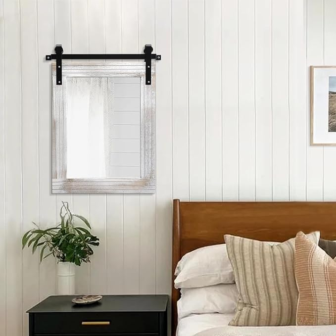 AAZZKANG Mirrors for Wall Rustic Barn Door Mirror with Wood Framed Rectangle Farmhouese Bathroom Mirror Decorative Hanging Mirror for Bedroom Vanity Entryway 20"x16"