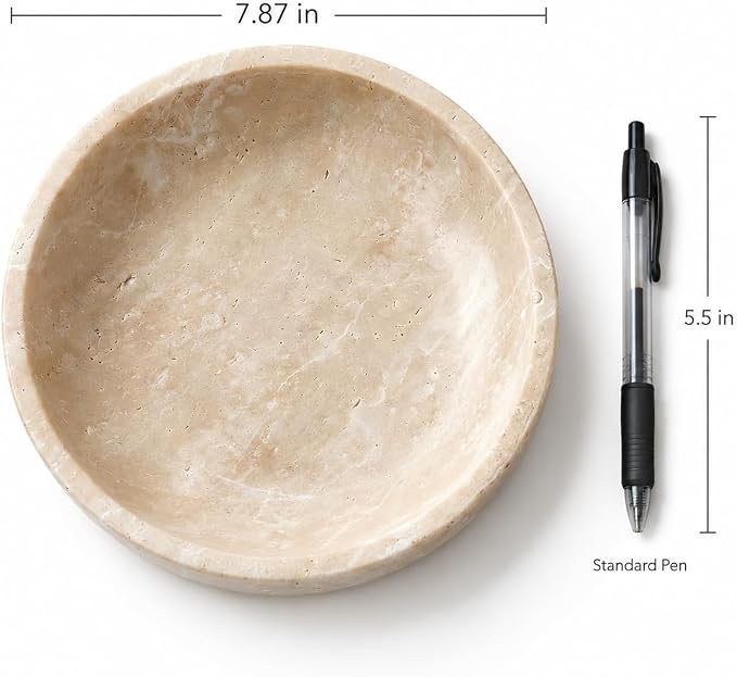 Travertine Decorative Bowl, 7.87-Inch Stone Catchall | Natural Key Bowl for Entryway Table, Coffee Table Centerpiece, Console Table and Living Room Decor
