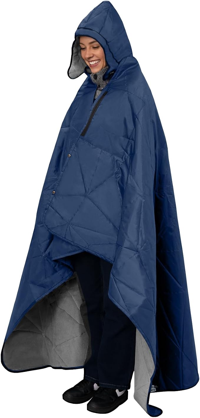 Large Waterproof Outdoor Blanket Thick Fleece 80" x 58" | Windproof Stadium Blanket, Wearable Poncho, Machine Washable for Camping, Car, Pet, Picnics - Deep Blue Hooded