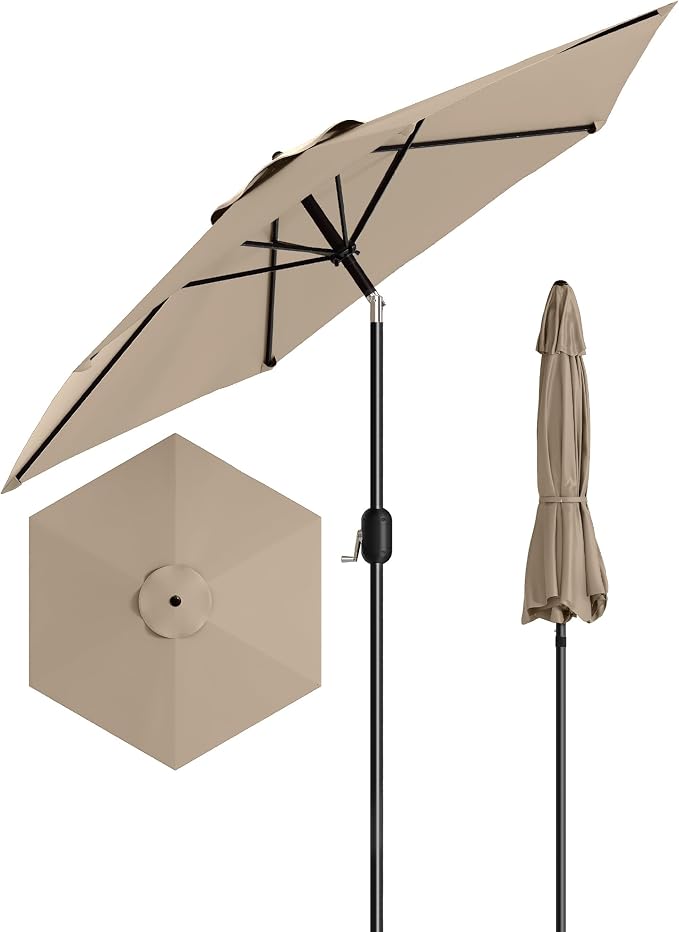 GarveeLife 7.5 ft Outdoor Patio Umbrella, Outdoor Table Umbrella, Market Umbrella with Push Button Tilt and Crank, 6 Sturdy Ribs UV Protection Waterproof for Garden, Deck, Backyard, Pool (Tan)