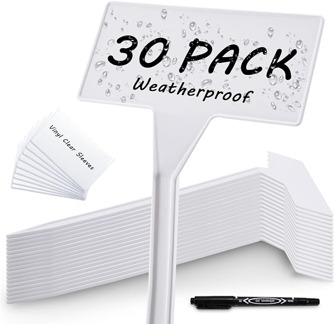 Outdoor Plant Label, 30 Pack Large Waterproof Plastic Plant T-Type Tags, Reusable Nursery Tag for Herbs Flowers Vegetable (White)