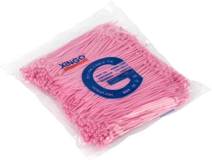 XINGO 1000 PCS 6 inch Cable Zip Ties, 18lb Strength, Small Tie Wraps Self-Locking Nylon Zip Ties for Indoor and Outdoor Use (Pink)