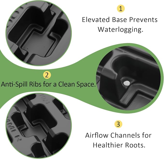 RooTrimmer 24 Cell Nursery Pots Trays 10 Pack (17"x11"x1.6"), Reusable Plastic Plant Pot Tray with Drain Holes, Carrying Seed Starter Tray for Holding 2.8 inch (7CM) Square Nursery Pots (Black)