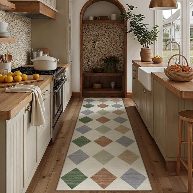 2'6x8 Washable Runner Rug Kitchen Large Non Slip Checkered Rugs | Soft, Low Pile, Easy Clean, Diamond Pattern for Hallway, Entryway, Laundry Room, Bathroom, Modern Neutral Decor