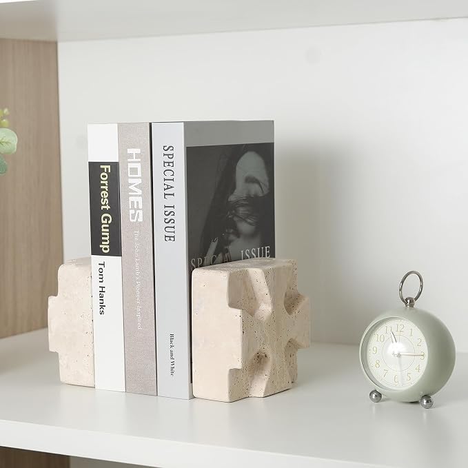 Decorative Square Marble Bookends for Heavy Books – Unique Book Ends for Shelves – Modern Aesthetic Book Holder/Stopper with Non-Slip Pads for Chic Home, Office, or Library Decor(Travertino Turkey)