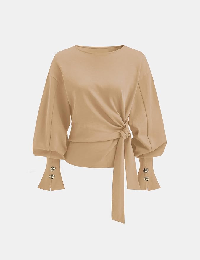Dsewpaur Twist Knot Tie Front Sweatshirt Tops For Women Long Balloon Sleeve Crew Neck Pullover Casual Fall Outfits