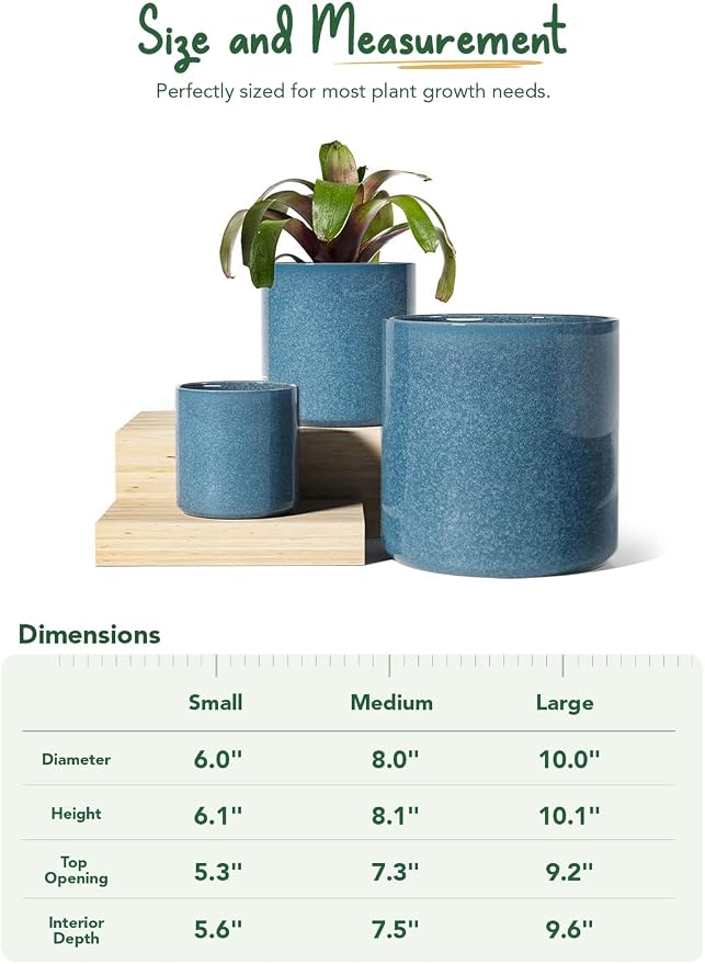 LE TAUCI 10+8+6 Inch Ceramic Pots for Plants, Indoor Planters with Drainage Hole and Plug, Modern Cylinder Flower Pots Set of 3 for Living Room and Bedroom, Glossy, Harbor Blue