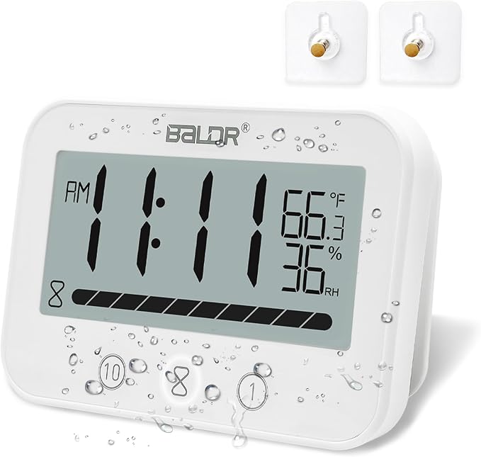 Rohome Waterproof Wall Hanging Timer Bathroom Clock, Large Digital Shower Mirror Suction Clock Thermometer Hygrometer, Visual Kitchen Cooking Countdown Timer, Bath Temperature Humidity Meter (White)