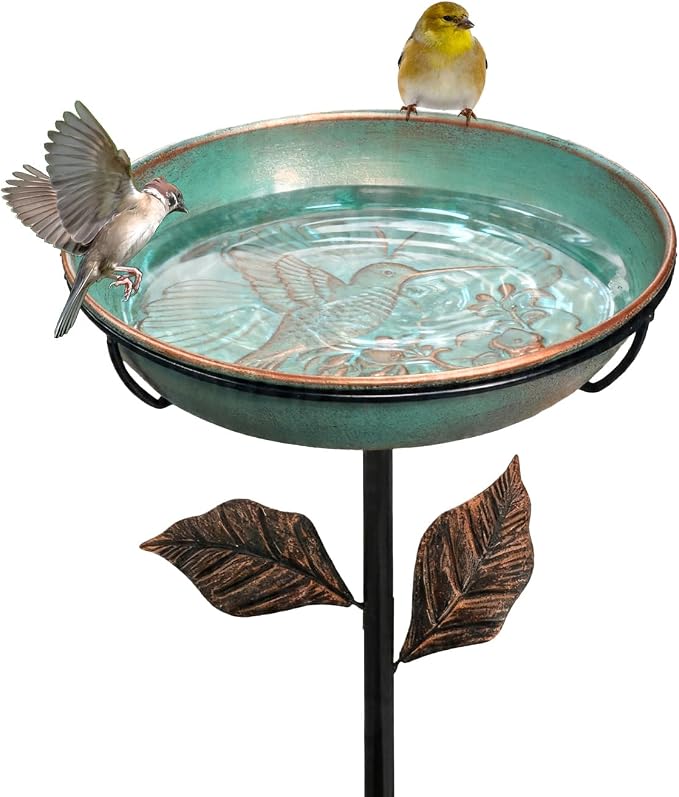 Metal Bird Bath for Outside 12" Bowl – Hummingbird Embossed Garden Birdbath with Stake | Removable Bowl, Rust Resistant Outdoor Water Bowl for Small Birds, 36" Yard Lawn Decor