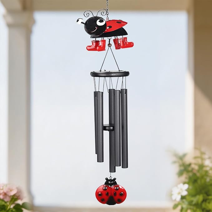 Ladybug Wind Chimes for Outside Metal Cute Beetle with Spinning Feet, Black Aluminum Tubes, Garden Yard Hanging Decor Wind Chimes, for Women, Men, Kids and Nature Lovers