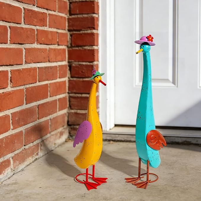 22" Duck Garden Statue Set of 2 Metal Ducks, Duck Outdoor Decor Animal Yard Art Sculptures for Patio Porch Lawn Backyard
