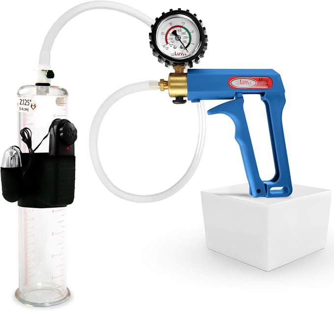 LeLuv Vibrating Penis Pump Maxi Blue Handle + Protected Gauge and Clear Hose - 9 inch Length x 2.125 Inch Diameter Cylinder