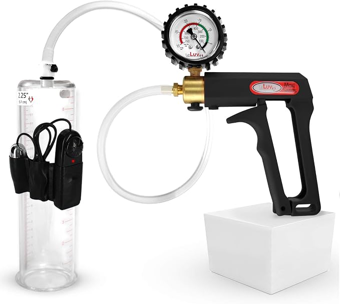 LeLuv Vibrating Penis Pump Maxi Black Handle + Protected Gauge and Clear Hose - 9 inch Length x 2.25 inch Diameter Cylinder