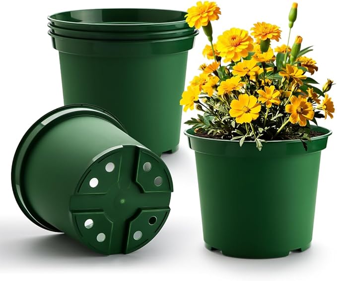 RooTrimmer 5 Gallon 12 Inch Plastic Nursery Pots, Plant Containers with Drainage Holes, Round Sturdy Garden Planters for Indoor/Outdoor Greenery, Gardening Gifts for Women (5-Pack, Green)