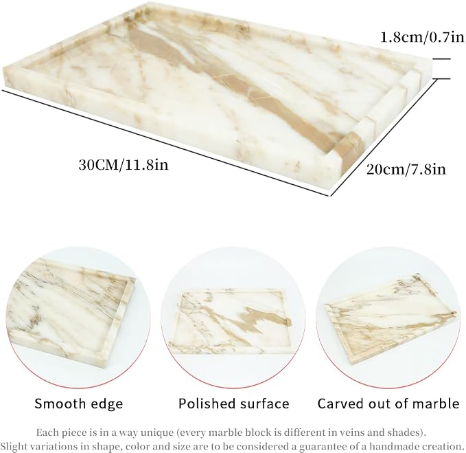 100% Natural Marble Serving Tray Luxury Marble Storage Tray for Home Decor Stone Tray for Bathroom/Kitchen/Vanity/Dresser,Plate Holder for Tissues, Candles, Towel