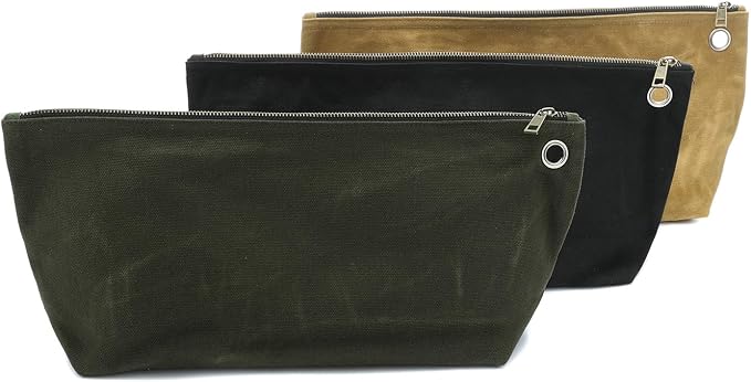 Canvas Tool Pouch Set, 16OZ Waxed Canvas Tool Storage Bags, Standable One-Piece Tool Organization Pouch - 3 Color Pouches with Brass Zipper & Grommet - Large - 15.5" x 7.5"