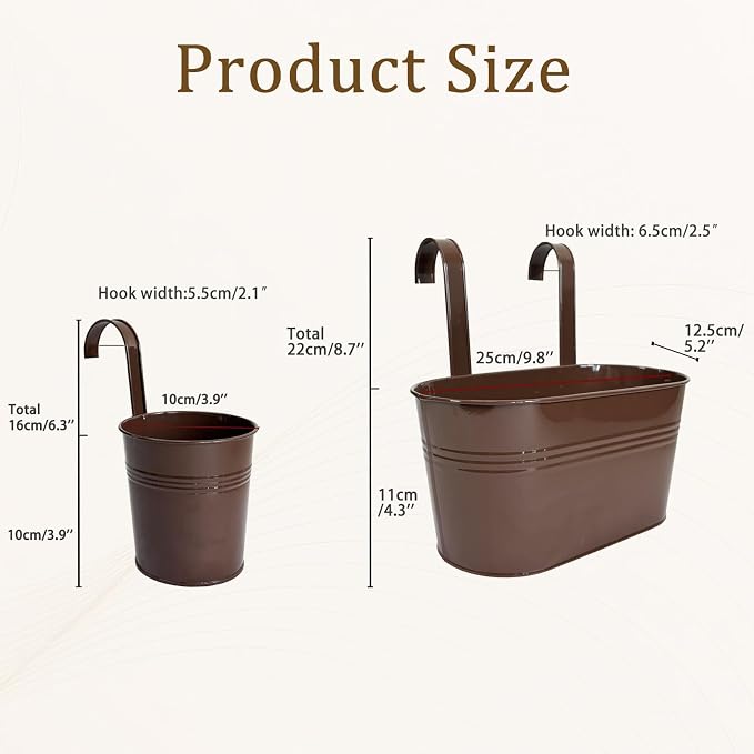 Pack of 4 Metal Hanging Planters for Outdoor Plants, 2 Pcs 4" Round Railing Planter & 2 Pcs 10" Oval Fence Flower Pots for Balcony Garden Decor, Chocolate
