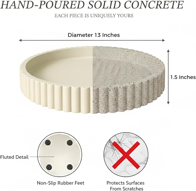 13" Round Concrete Decorative Centerpiece Tray for Coffee Table Cream | Modern minimalist centerpiece tray for coffee table, living room, dining & office storage display, sturdy tabletop home decor