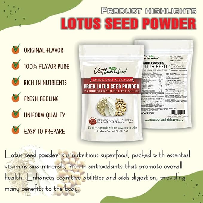 LOTUS SEED POWDER 2.47 oz (70g) VIETFARMFOOD: Pure freeze-dried vegetable powder, made from real vegetables with no added sugar - Perfect for daily nutrition to keep your body full of vitality