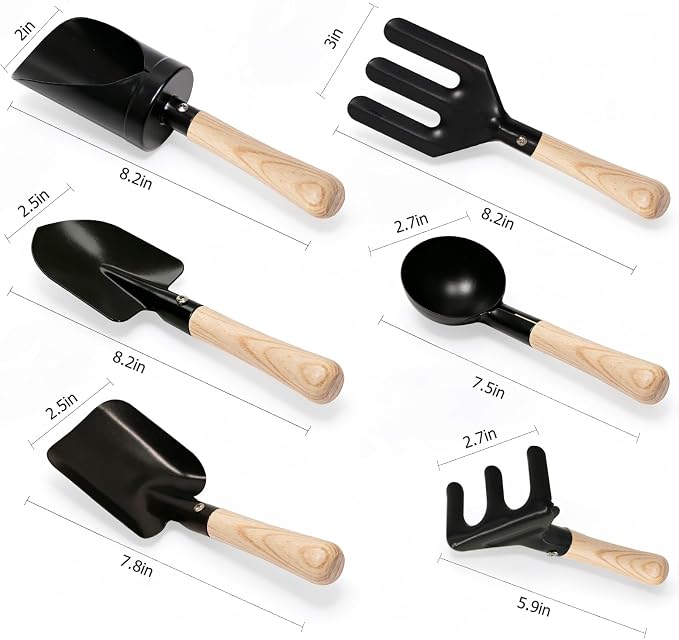 6PCS Black Kids Gardening Tools- Metal Head & Wood Handle- 8" Long Mini Rake & Shovel, Spoon & Fork- Funny Outdoor Play for Garden, Yard, Beach, Sand Box- Montessori Toys for Learning Plant, Digging