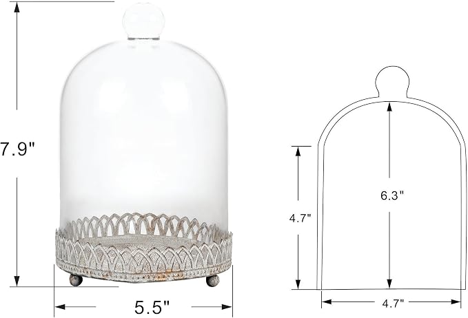Twakutwku 8" Tall Large Sturdy Handmade Glass Cloche Dome with Metal Base in Shabby White for Plant, Terrarium, Collectibles, Candle. Cloche Glass Dome, Bell Jar Display Case (Shabby White, 8")