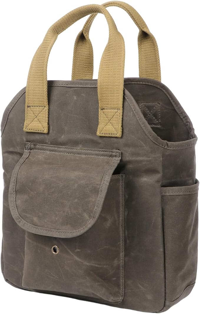 Waxed Canvas Garden Tool Bag Heavy Duty Yard Storage Florist Tote Organizer | Multipurpose, Waterproof Work Caddy Carrier, 5 Interior and 6 Exterior Pockets , Tools Storage for Gardener DIYer Workshop