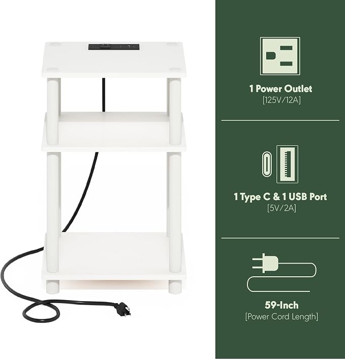 Furinno JUST Side Table, 3-Tier Modern End Table with Charging Station, Easy Assembly Night Stand, Bedside Table with USB and Type-C Port, for Living Room, Bedroom, White