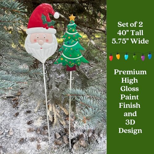 Clovers Garden Metal Christmas Tree and Santa Yard Stakes (Set of 2) and Light Stringers (Set of 2) for Outdoor, Indoor, Lawns, Walkways, Planters or Wall Decor - Image 2