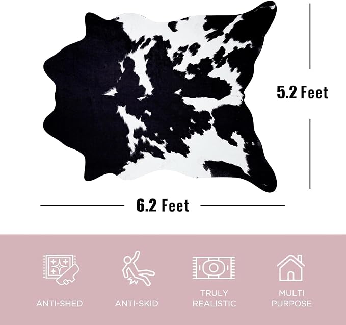 Black Cowhide Rug 5.2x6.2 ft Cow Hide Rug Washable Area Rug Wall Decor | Cow Print Rug Western Rugs for Bedroom Living Room Dining Room Decor Animal Print Carpets-No Fur