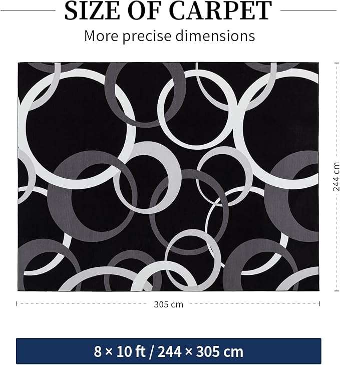 Black and White 8x10 Area Rugs for Living Room, Circle Pattern Washable Rug for Bedroom Non Slip Low Pile, Soft Modern Carpet for Dining Room Playroom Home Office Decor