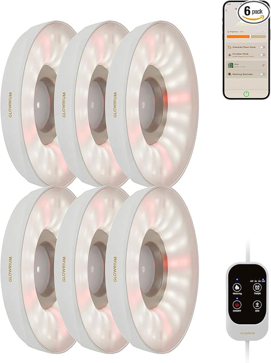 GLOWRIUM Grow Lights for Indoor Plants, Full Spectrum Puck Grow Light with Manual & APP Control, 48W(6 x 8W) Plant Lamp Auto-Timer, Plant Assistant 10 Levels Dimmable for Plant Shelf (6 Packs,White)