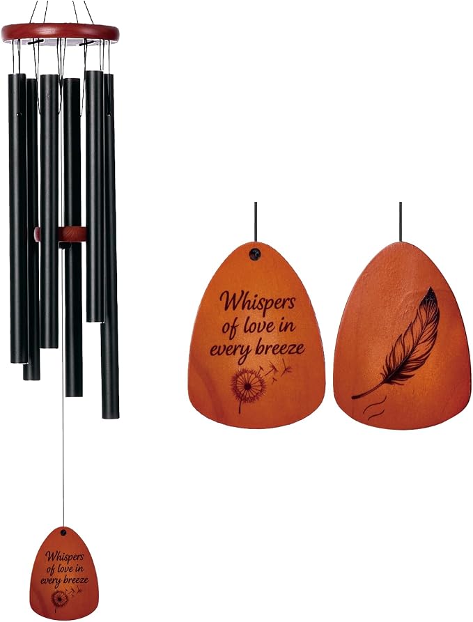 Sympathy & Memorial Wind Chimes for Outside – Deep Tone Aluminum Chimes with Mute Feature, Inspirational Quote, Feather & Dandelion Art Wooden Sail, Outdoor Garden Decor (Black, 37 Inch)