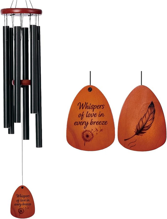 Sympathy & Memorial Wind Chimes for Outside – Deep Tone Aluminum Chimes with Mute Feature, Inspirational Quote, Feather & Dandelion Art Wooden Sail, Outdoor Garden Decor (Black, 37 Inch)