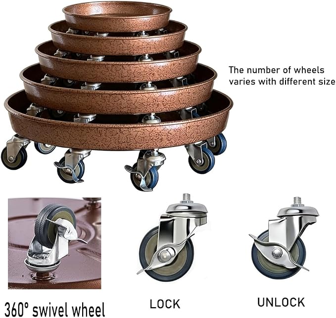 SIAMO 16" Heavy Duty Plant Caddy (430lbs Capacity)-Lockable Non-Scratch Swivel Casters Rolling Plant Stand Saucer for Large Ceramic Planters & Heavy Trees,2 Pack,Copper