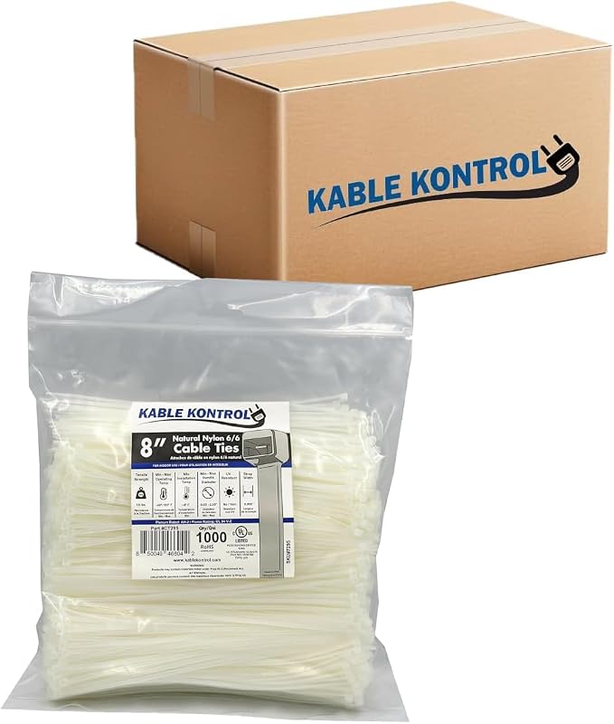 Kable Kontrol Cable Zip Ties Natural White 25,000 Pcs 8 Inch, 18 Lbs Tensile Strength, Bulk Pack, Self-locking Natural Nylon Clear Plastic Wire Ties wraps for Indoor or Outdoor Use