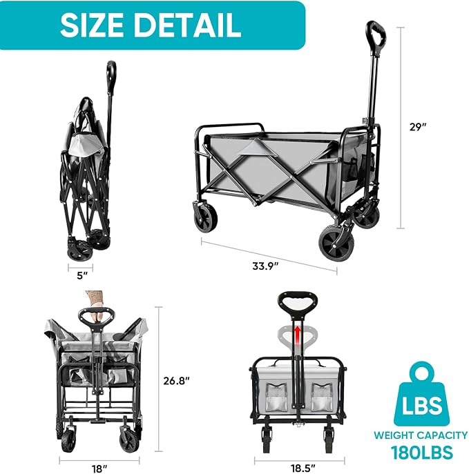 Collapsible Wagon with Quiet Wheels - Silent Grocery Shopping Cart for Seniors, Foldable Utility Cart for Laundry & Apartment, Washable Heavy Duty Rolling Wagon with Two Mesh Pockets, Gray