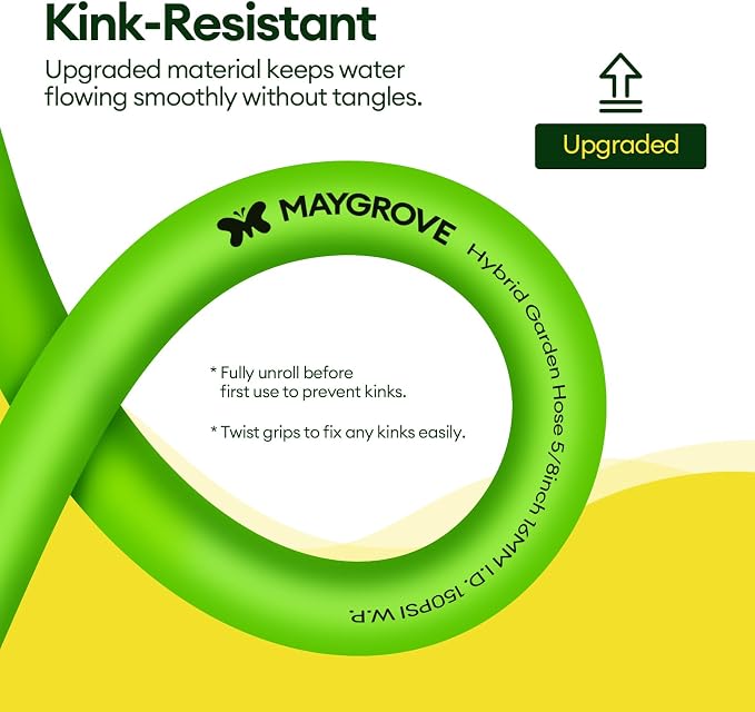 Maygrove 100 ft Garden Hose, 5/8 in ID, Heavy-Duty, Leakproof, Kink-Resistant Water Hose with Swivel Brass Fittings, 600 PSI Burst Rating, Ideal for Car Wash & Lawn Watering