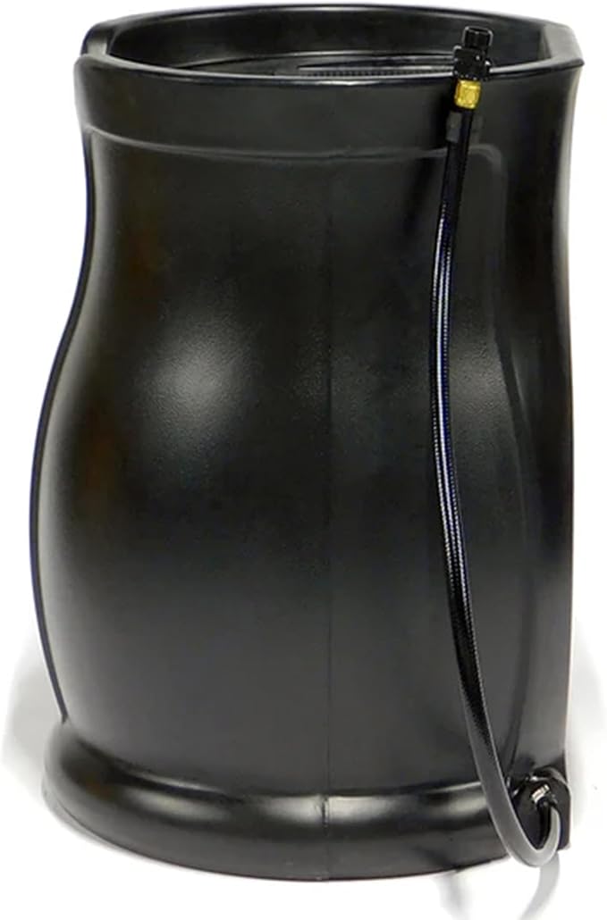 FCMP Outdoor 45-Gallon Catalina Rain Barrel – BPA-Free, Flat-Back Design with 3.5 Foot Garden Hose, Shut-Off Thumb Valve, and Fixed Lid (RB-CAT-BLK) Black