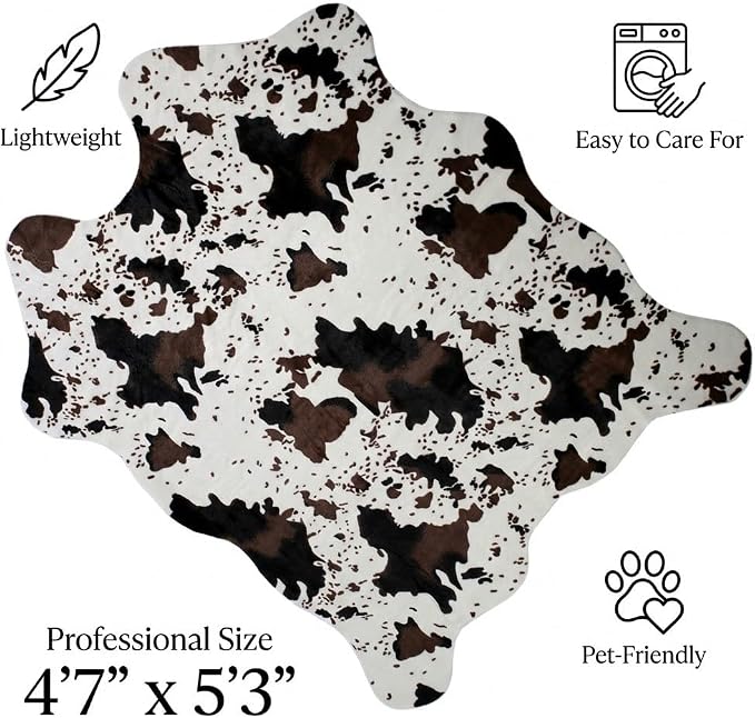 MustMat Cow Print Faux Cowhide Rug, Urban Western Decor Rug 4'7''×5'3'' | Works for Bedroom, Dining & Office | Matches Rustic Farmhouse | Perfect for Holiday & Birthday Parties
