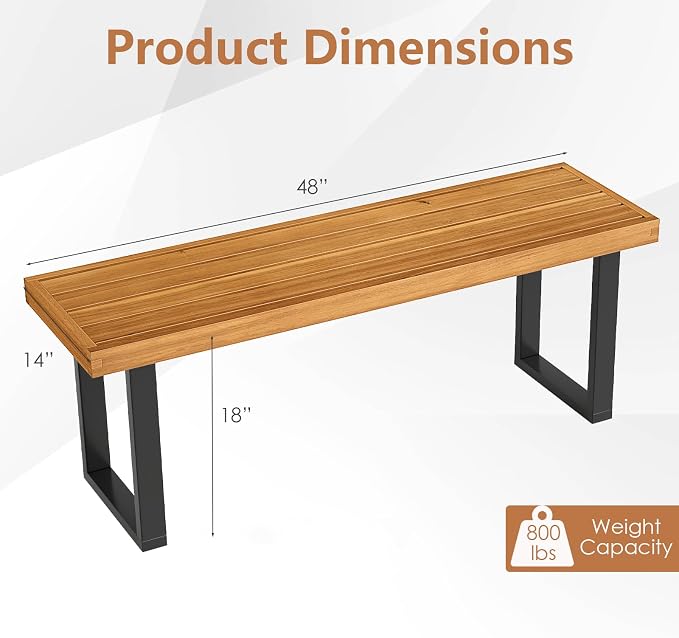 HAPPYGRILL Acacia Wood Bench for 2 People, Outdoor Dining Bench with Metal Legs & Adjustable Foot Pads, for Entryway, Garden, Poolside, Balcony, 800 LBS (2)