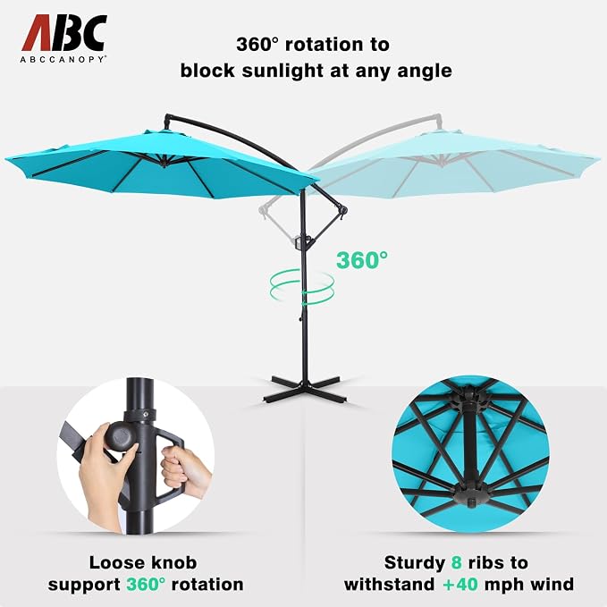 ABCCANOPY 10FT Cantilever Patio Umbrella with base included, 360° Rotation Outdoor Offset Umbrella for Backyard, Deck, Poolside (Turquoise)