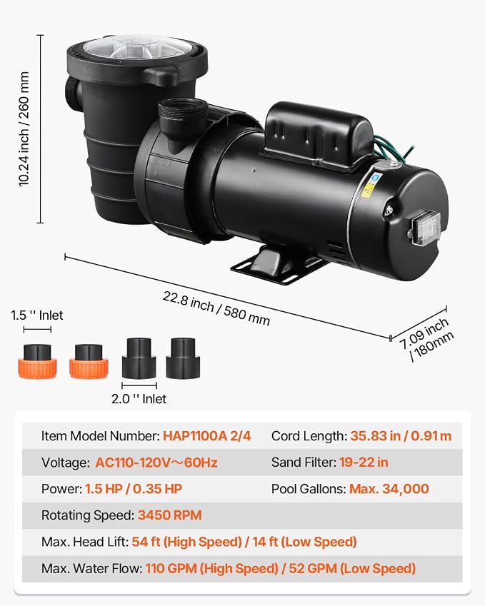 VEVOR Above Ground Pool Pump, 1.5HP/0.35HP, Dual Speed Swimming Pool Pump, High 110 GPM 54 ft Lift, Low 52 GPM 14 ft Lift, 110V 3450 RPM with Strainer Basket, 122°F Max Water Temp, for Hot Tubs Spas